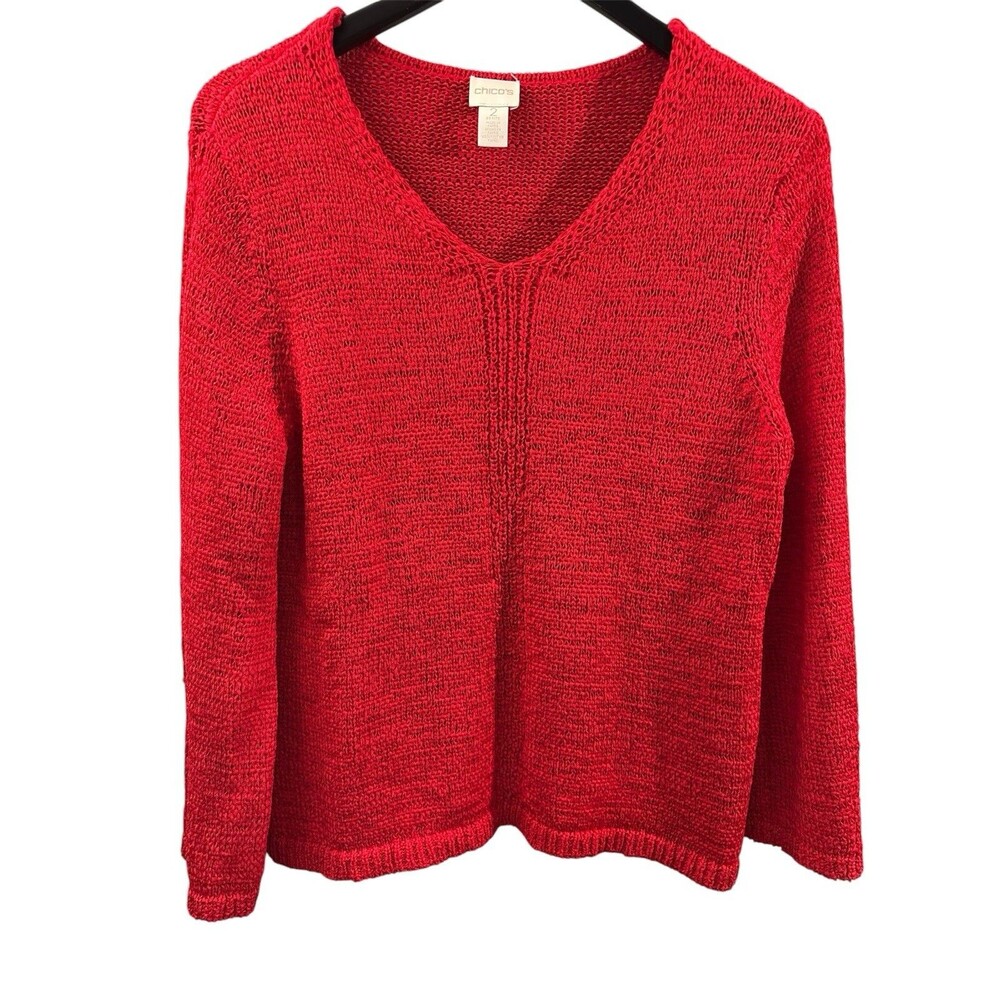 Chico’s Red Knit Sweater size 2 12/14 Petite. Chunky Knit Cotton Blend Staple